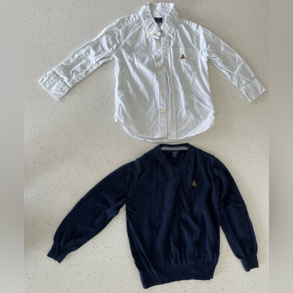 Boy button up shirt and blue elbow patch sweater by baby Gap size 3T/5T